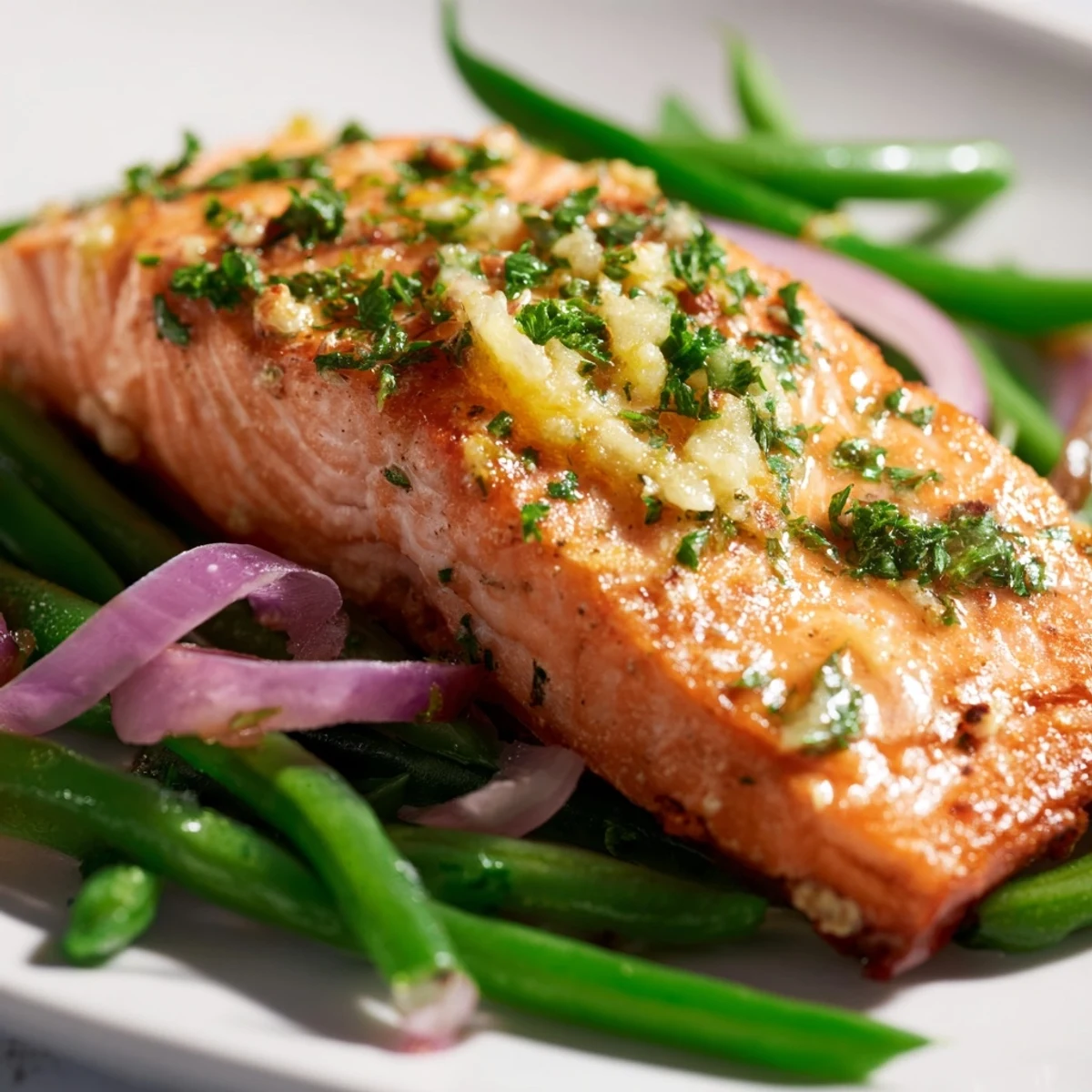 Juicy salmon and tender-crisp green beans roasted together, showcasing a zesty lemon-garlic butter sauce for an easy one-pan meal.