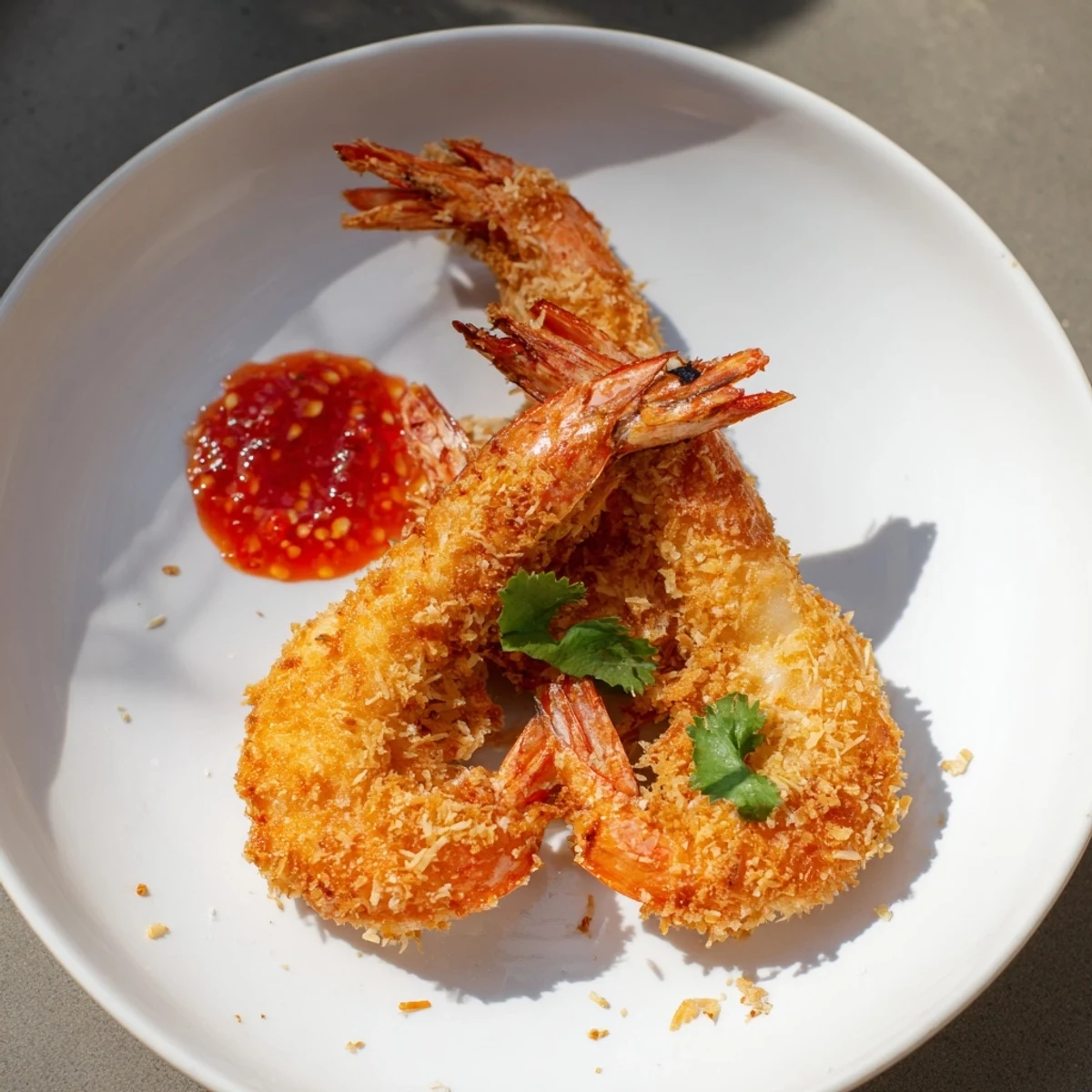 Golden, crispy coconut shrimp with sweet chili dipping sauce on a white plate, served with lime wedges.