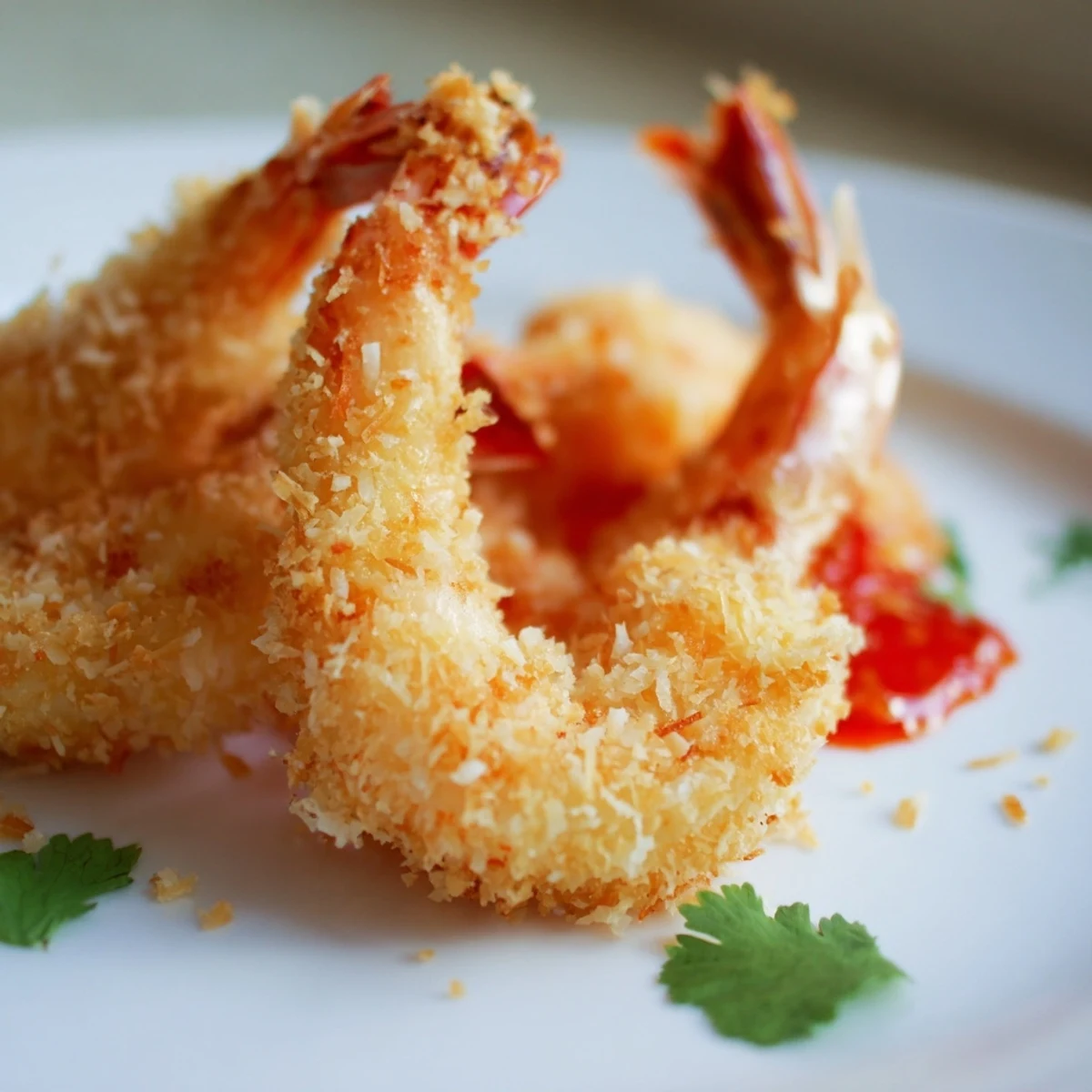 Crispy Coconut Shrimp with Sweet Chili Sauce is arranged on a wooden board next to a small ceramic bowl of tangy dip.