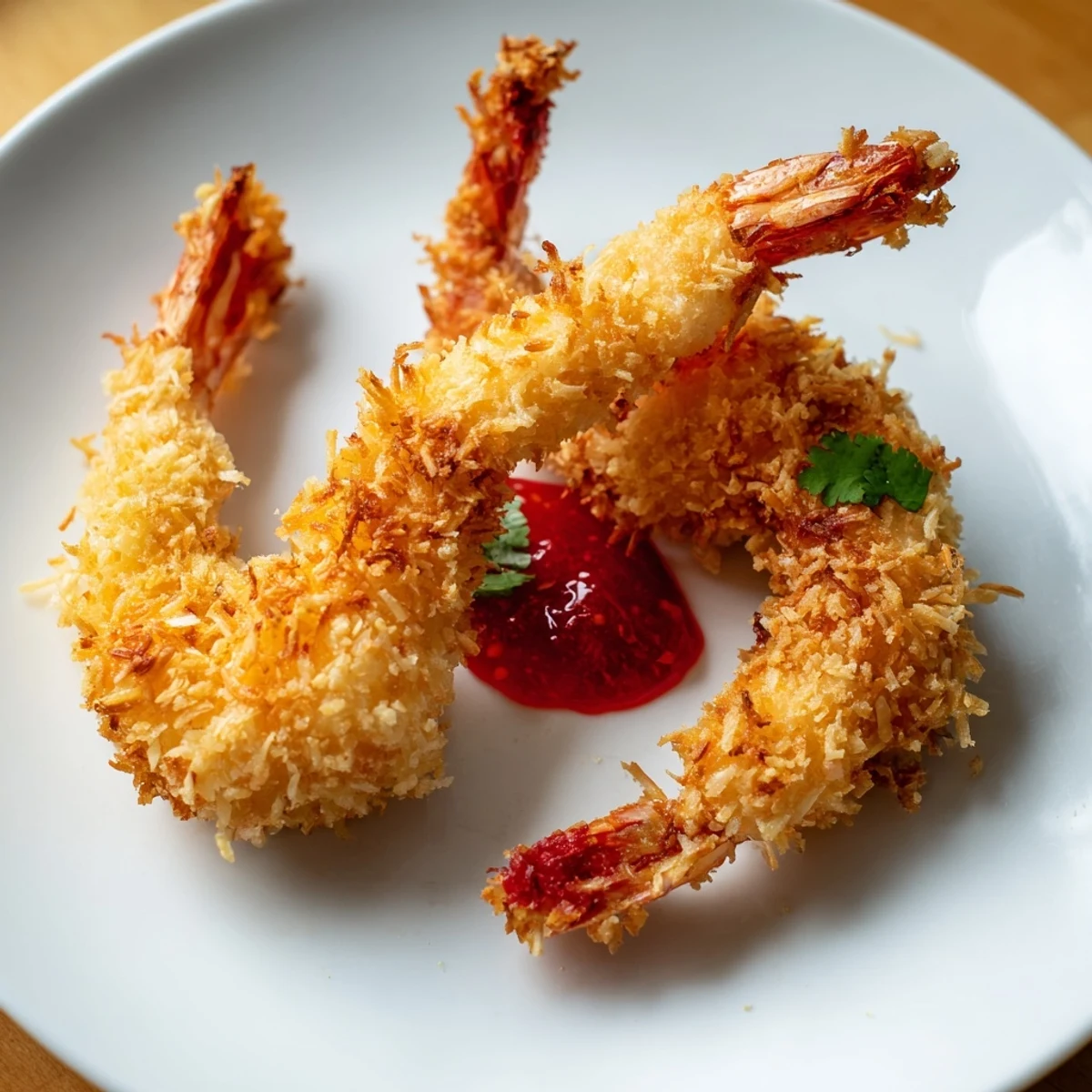 Platter of golden Crispy Coconut Shrimp with Sweet Chili Sauce and fresh cilantro garnish, ready for an appetizer spread.
