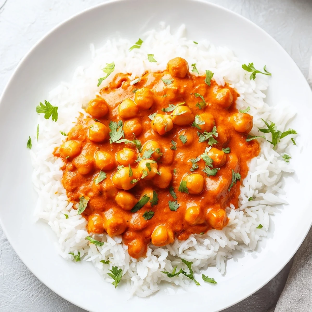 Close-up of Vegan Chickpea Tikka Masala with Rice, creamy tomato tikka masala with tender chickpeas and cilantro garnish.