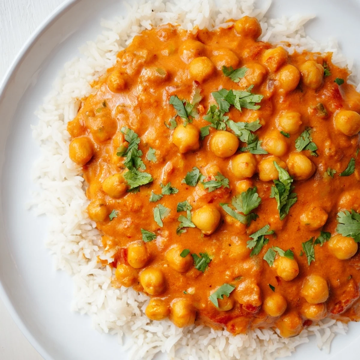 Vegan Chickpea Tikka Masala with Rice plated in a white bowl, steam rising from fluffy basmati and vibrant orange sauce.