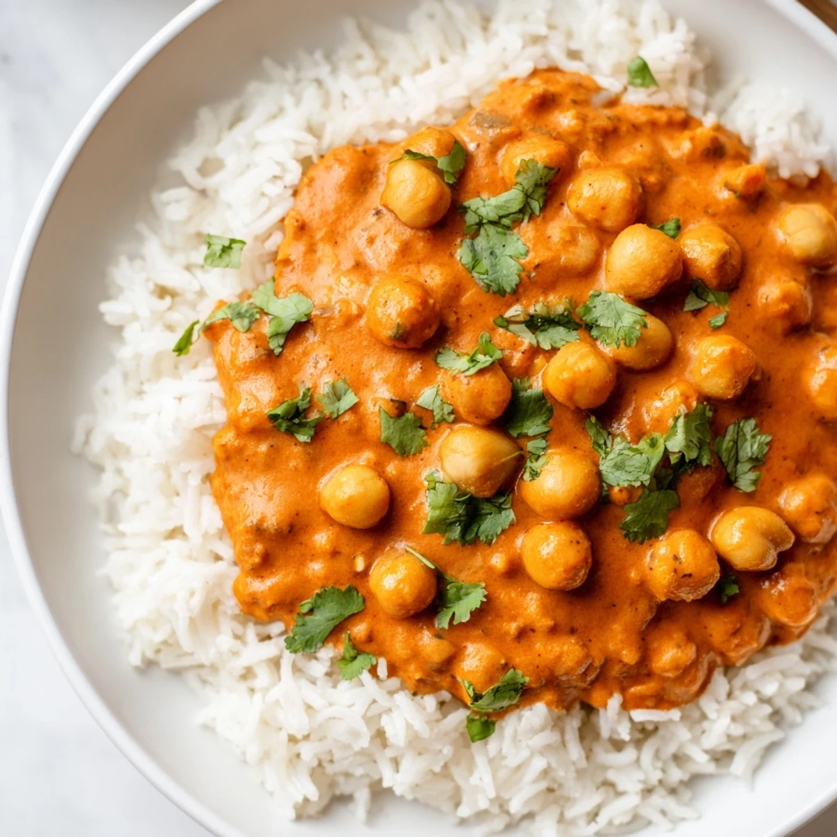 Serving suggestion for Vegan Chickpea Tikka Masala with Rice alongside warm naan and a lime wedge on a rustic table.