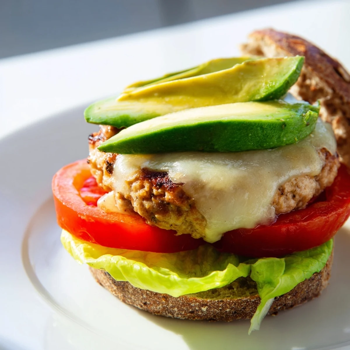 A juicy Turkey Burger with Avocado and Swiss Cheese sits on a toasted bun with fresh lettuce and tomato.