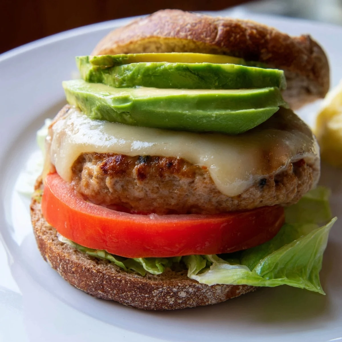 Golden-brown Turkey Burger with Avocado and Swiss Cheese melts Swiss cheese over the patty on a whole wheat bun.