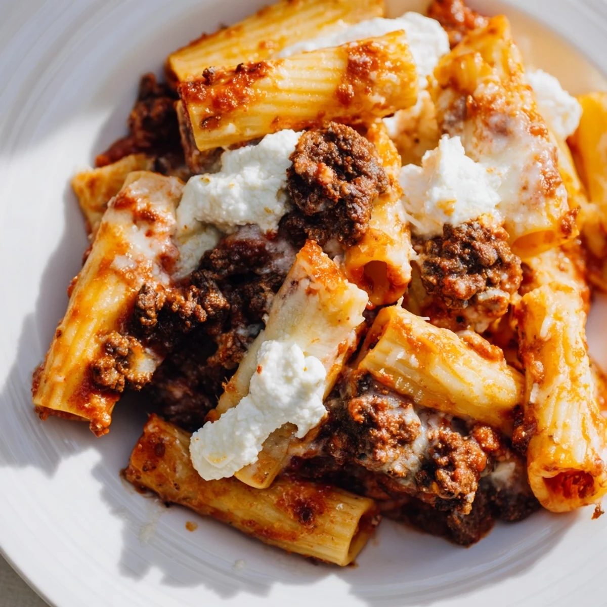 Golden baked ziti with ground beef and marinara bubbling with mozzarella, served in a rustic dish.  