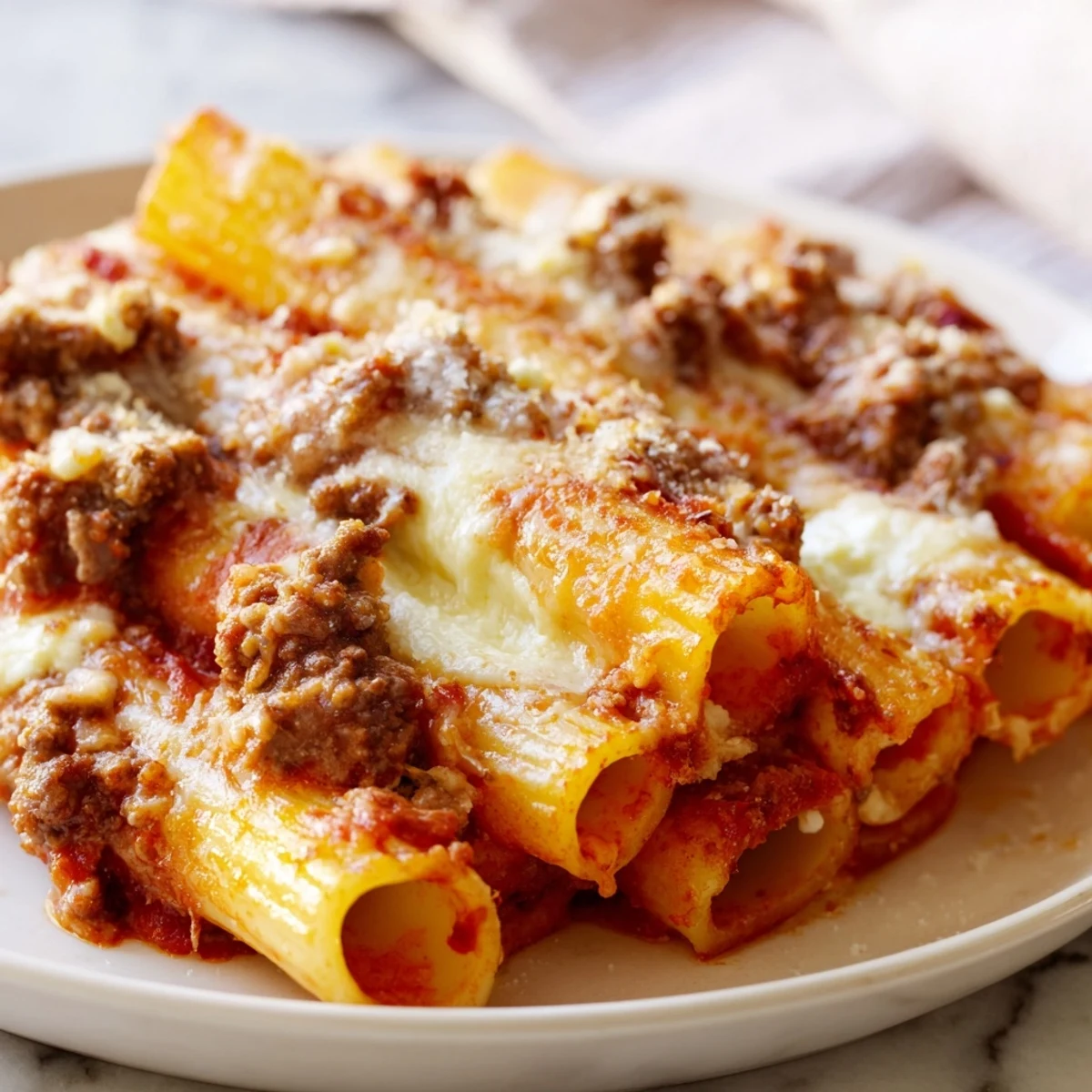 Hearty baked ziti with ground beef and marinara, topped with melted cheese and fresh basil.  