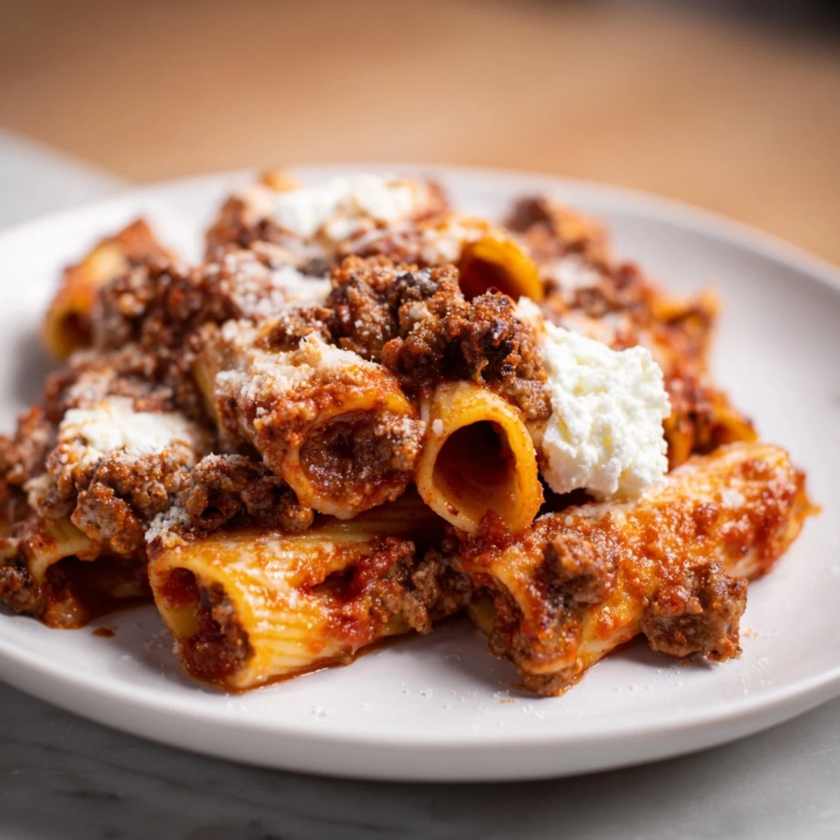 Steamy baked ziti with ground beef and marinara in a ceramic dish, ready to slice.