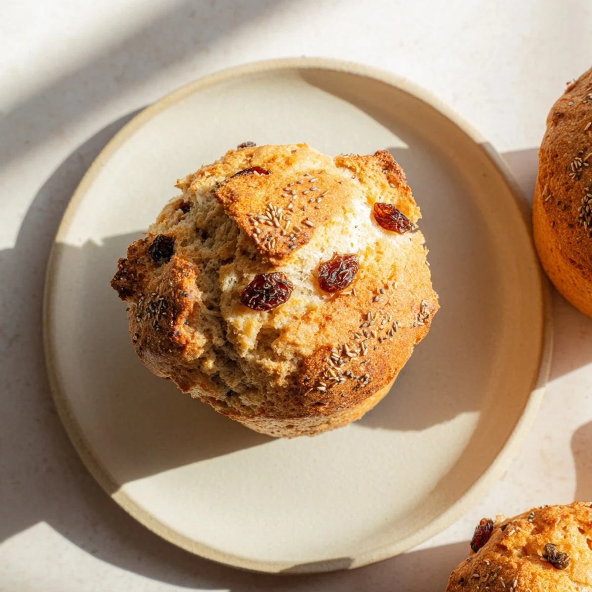A close-up of Irish Soda Bread Muffins with Currants shows a tender crumb studded with plump dried fruit.