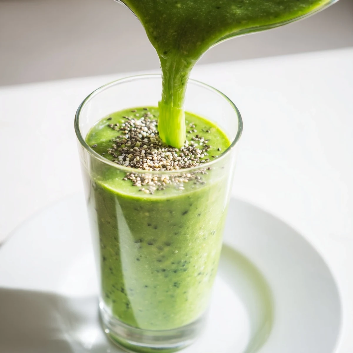 Green smoothie with kale and pineapple blends pineapple chunks and kale leaves on marble counter.
