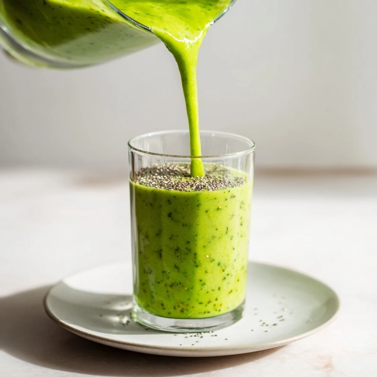 Creamy green smoothie with kale and pineapple in a tall glass next to fresh ingredients.