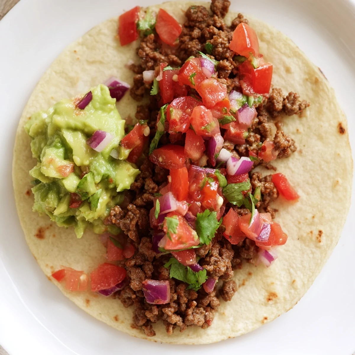Beef Tacos with Homemade Salsa and Guacamole are garnished with fresh cilantro and served with lime wedges.