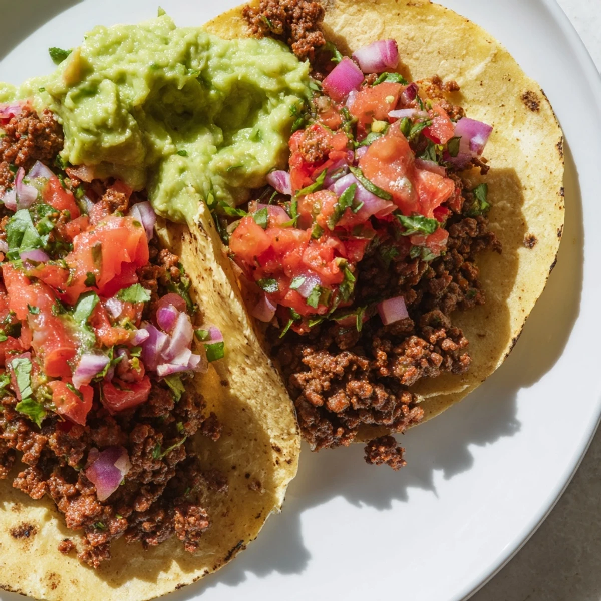Juicy spiced ground beef filling for Beef Tacos with Homemade Salsa and Guacamole piled high on warm corn tortillas.