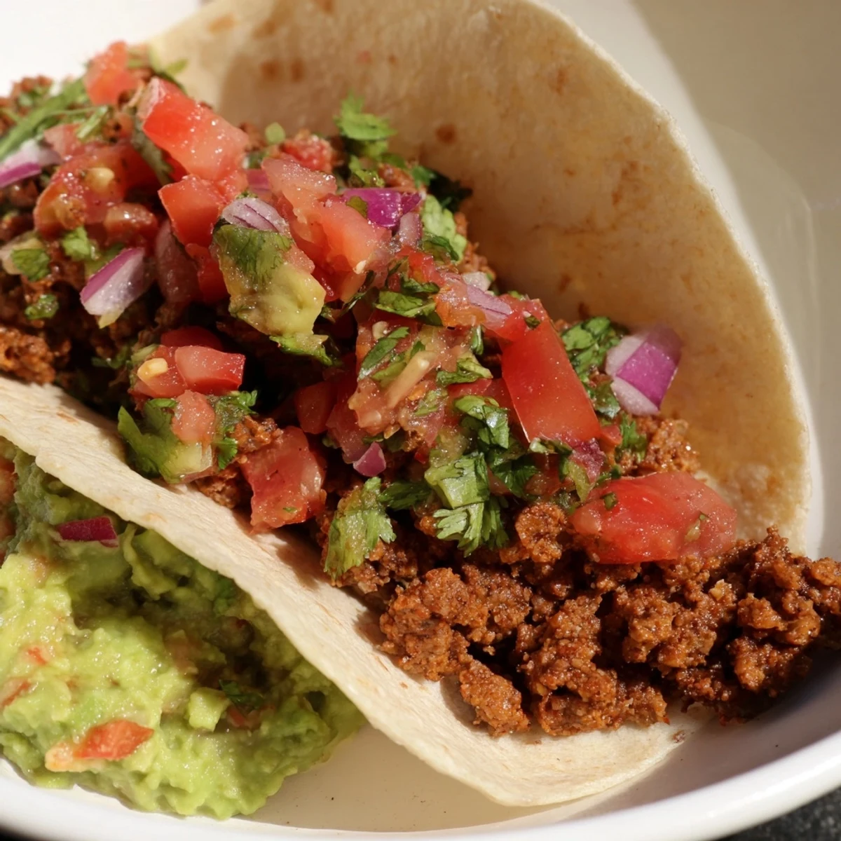 Golden warmed tortillas cradle seasoned beef for Beef Tacos with Homemade Salsa and Guacamole beside vibrant bowls.