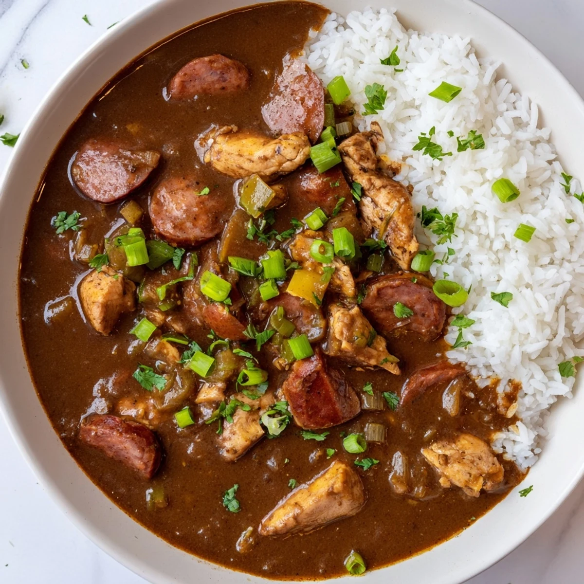 Steaming bowl of Cajun Chicken and Sausage Gumbo served over fluffy white rice with parsley garnish.