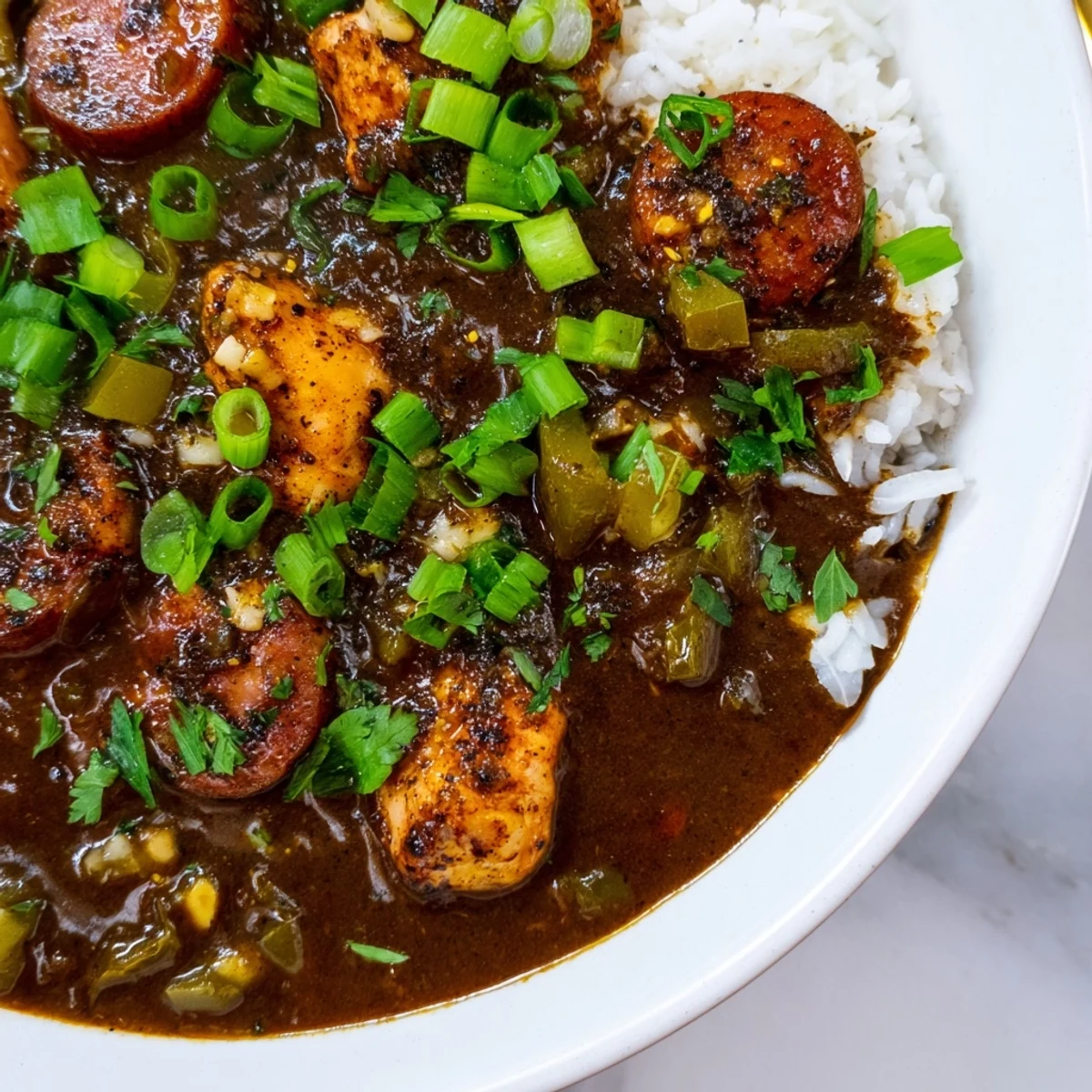 Close-up view of Cajun Chicken and Sausage Gumbo featuring rich brown gravy andouille sausage and tender chicken.