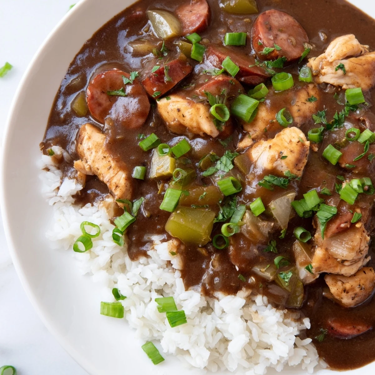 A hearty Ladle of Cajun Chicken and Sausage Gumbo ready to serve with green onions and hot sauce.