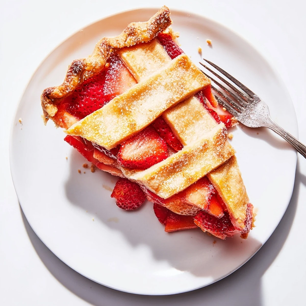 A close-up view of a freshly baked Strawberry Rhubarb Pie with Lattice Crust, showing golden-brown pastry and a bubbling pink filling.