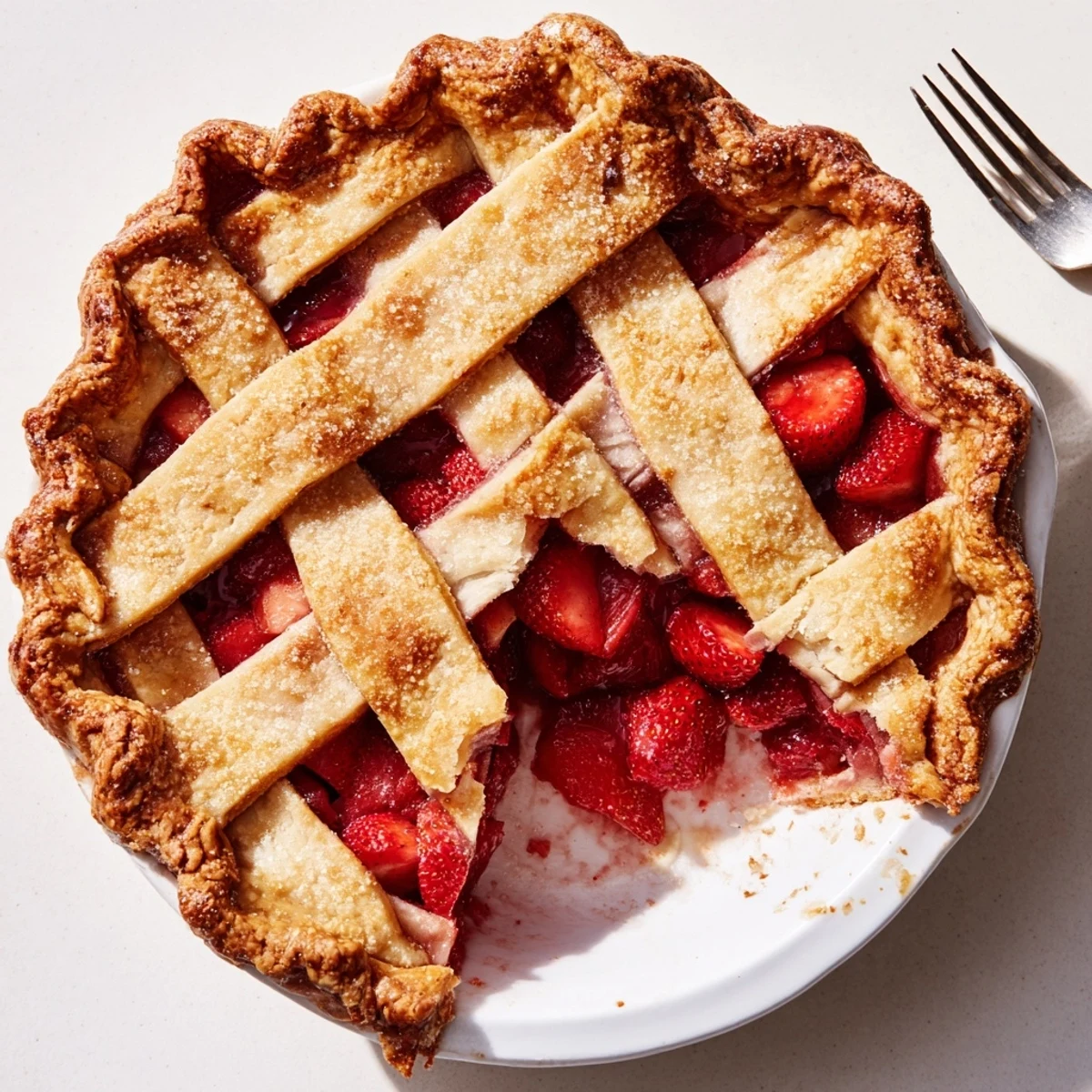 A golden Strawberry Rhubarb Pie with Lattice Crust sitting on a rustic wooden table, ready to be served at a summer gathering.