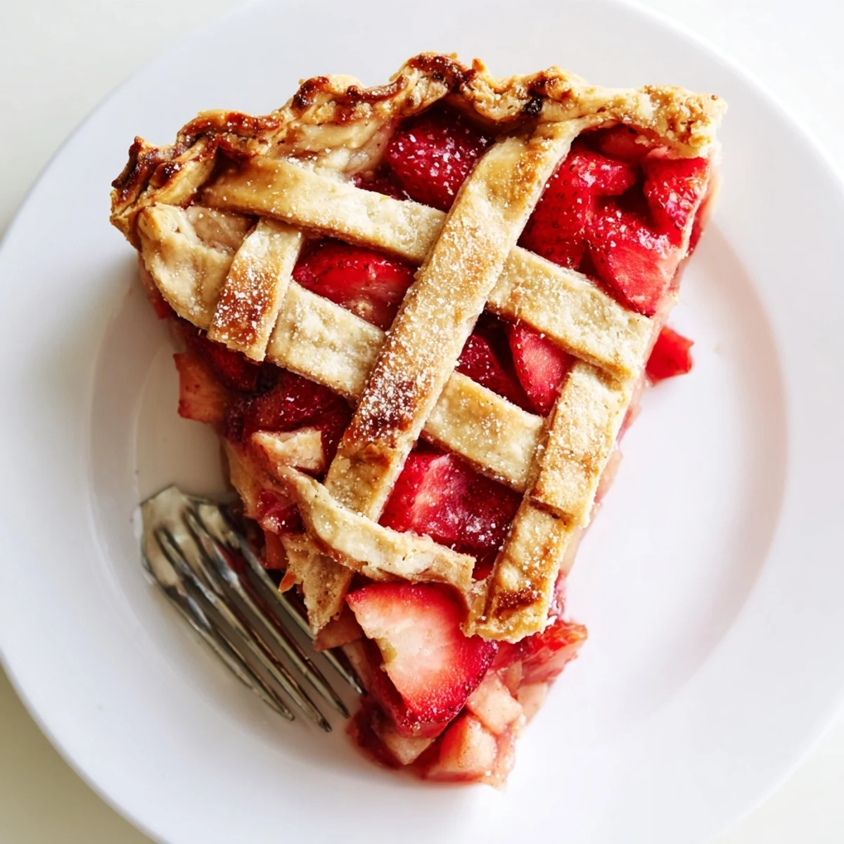 A freshly sliced piece of Strawberry Rhubarb Pie with Lattice Crust on a plate, topped with a scoop of vanilla ice cream melting slightly.