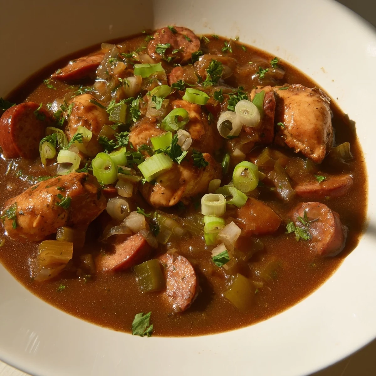 A bowl of Cajun Chicken and Beef Sausage Gumbo with tender chicken, smoky sausage, and rice.