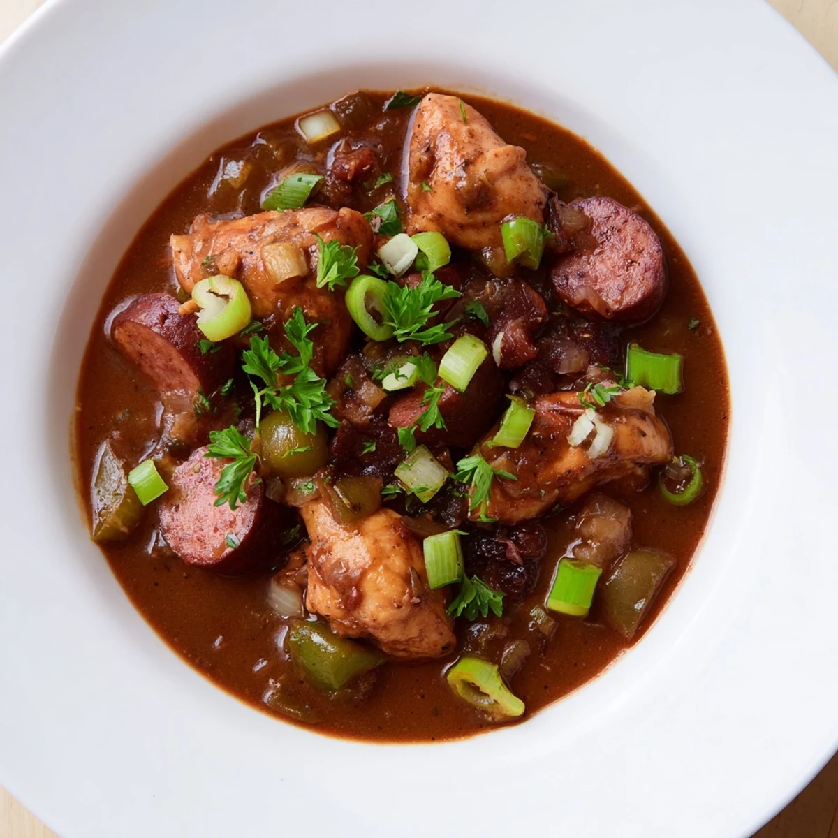 Cajun Chicken and Beef Sausage Gumbo served in a rustic bowl with a dark, rich roux broth.