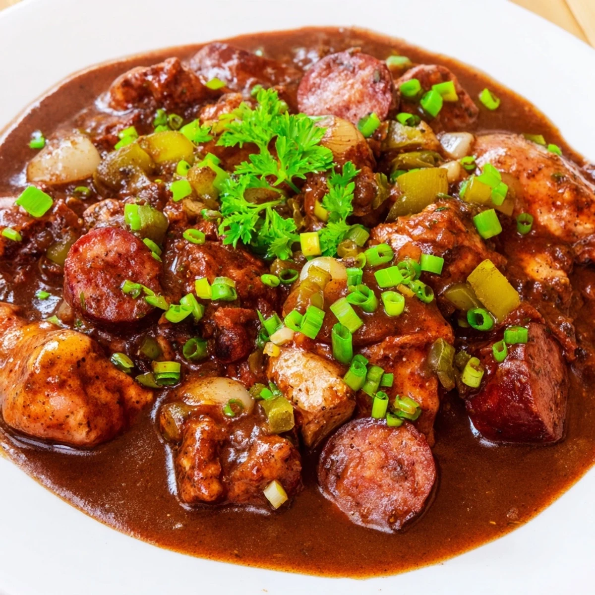 Steaming hot Cajun Chicken and Beef Sausage Gumbo garnished with green onions and parsley beside a spoon.