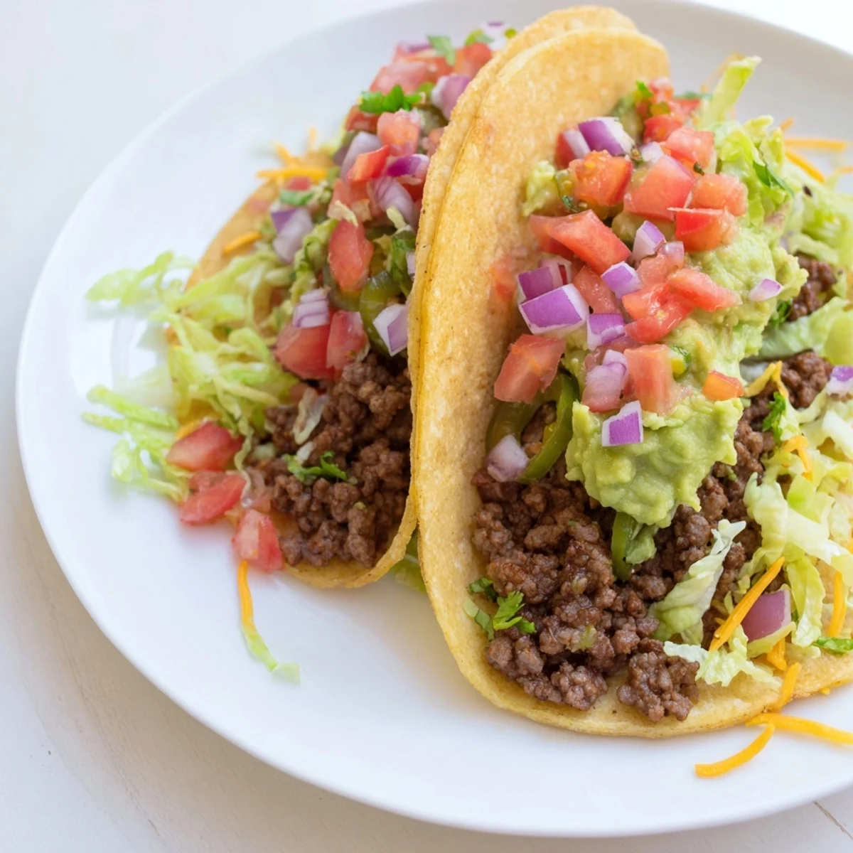 Juicy seasoned ground beef tacos with homemade salsa and guacamole, topped with crisp lettuce and lime.