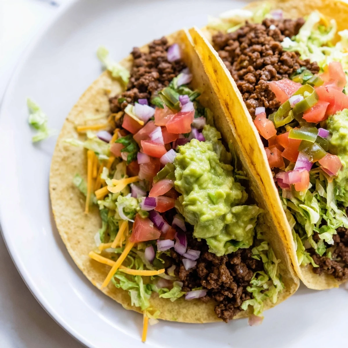This image shows Beef Tacos with Homemade Salsa and Guacamole garnished with fresh cilantro and cheese.