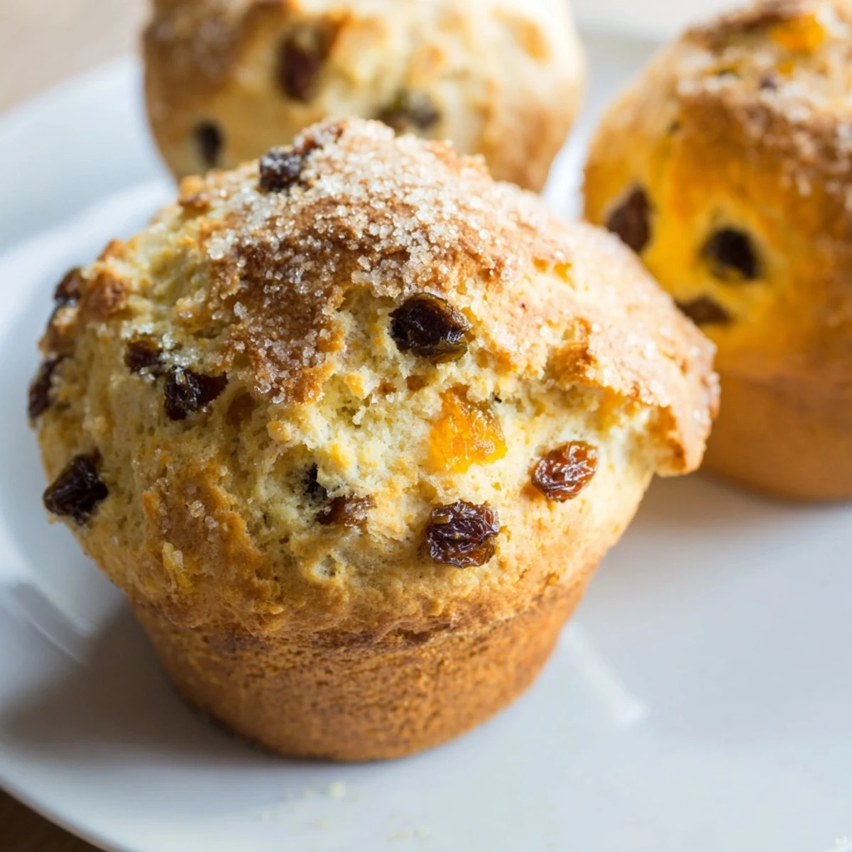 Freshly baked Irish Soda Bread Muffins with golden raisins on a rustic wooden board, ready to serve for breakfast.