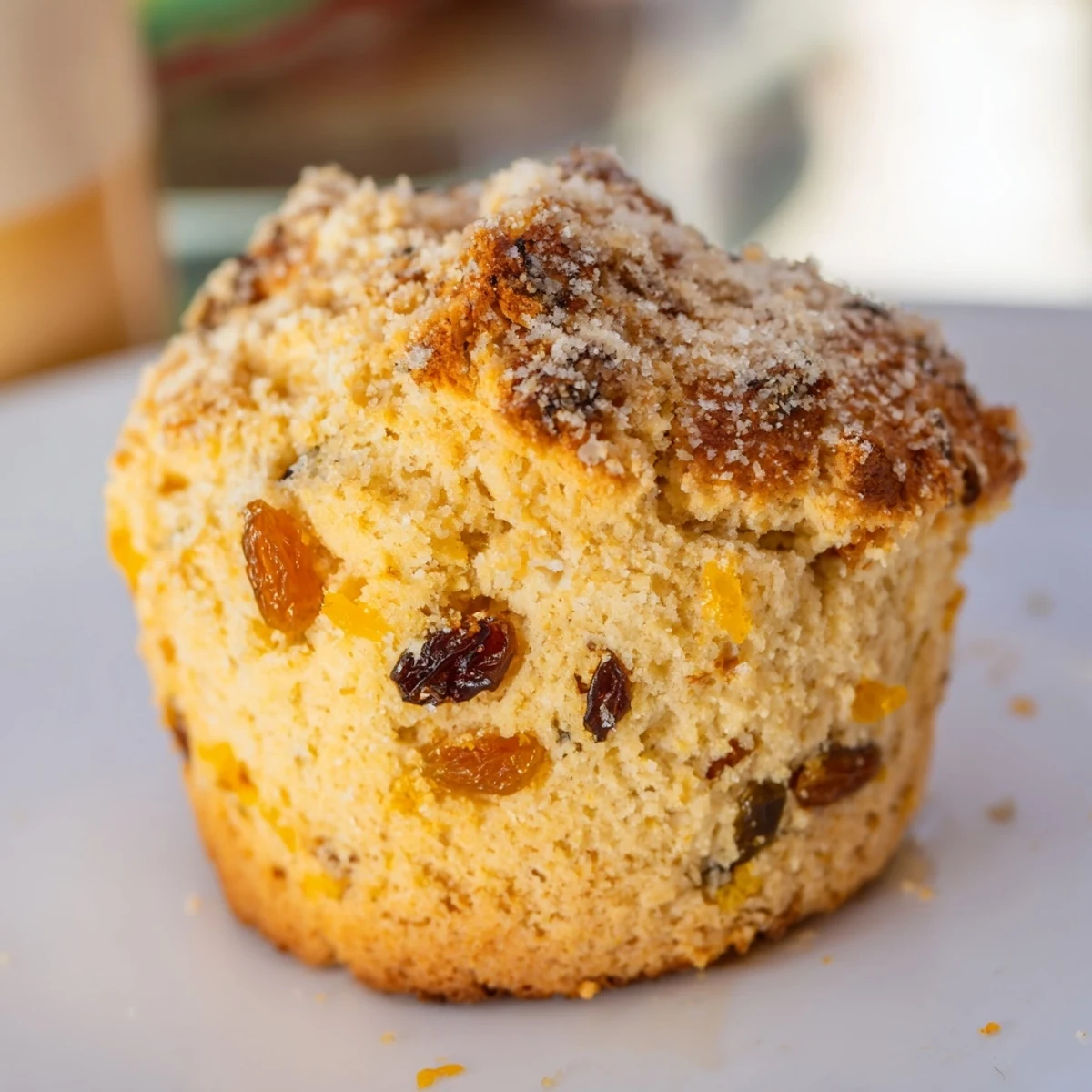 Warm Irish Soda Bread Muffins with golden raisins and a sprinkling of sugar, paired with a cup of tea.