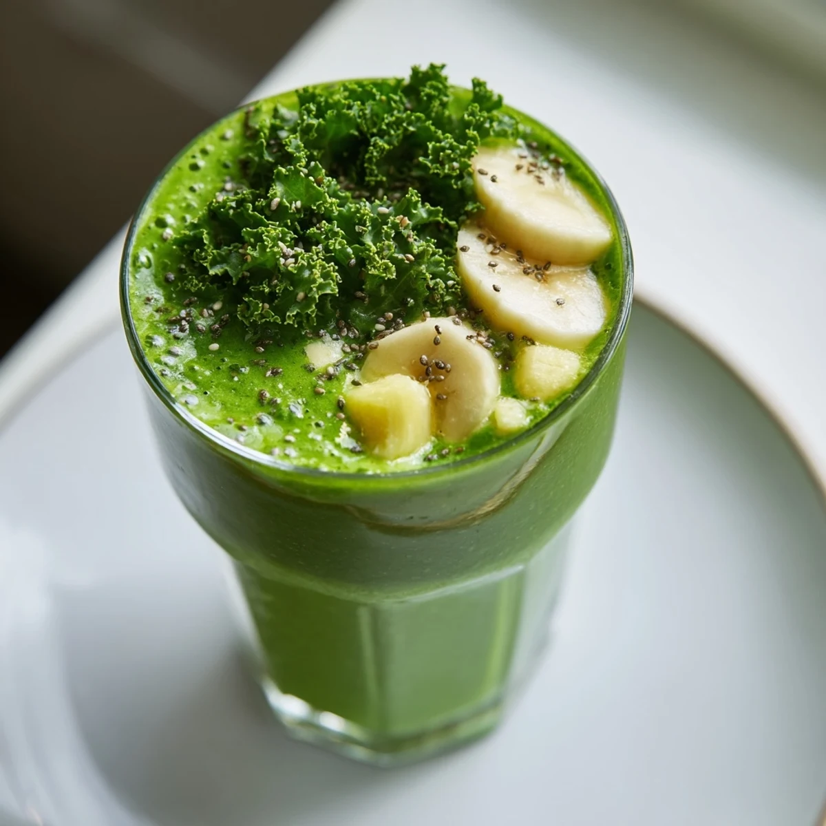 Vibrant green smoothie with kale, pineapple, and ginger served in a tall glass.