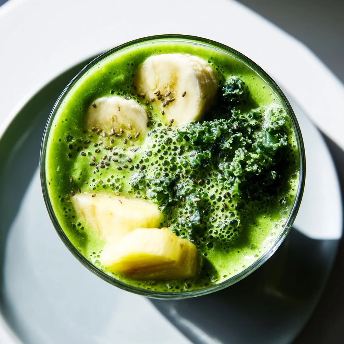 Cold, refreshing kale pineapple ginger smoothie with chia seeds on a bright morning.