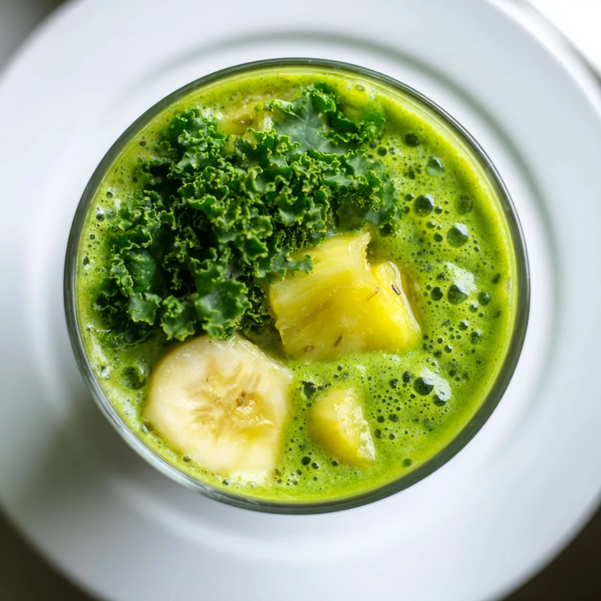 Blended kale, pineapple, and ginger smoothie garnished with a fresh pineapple wedge.
