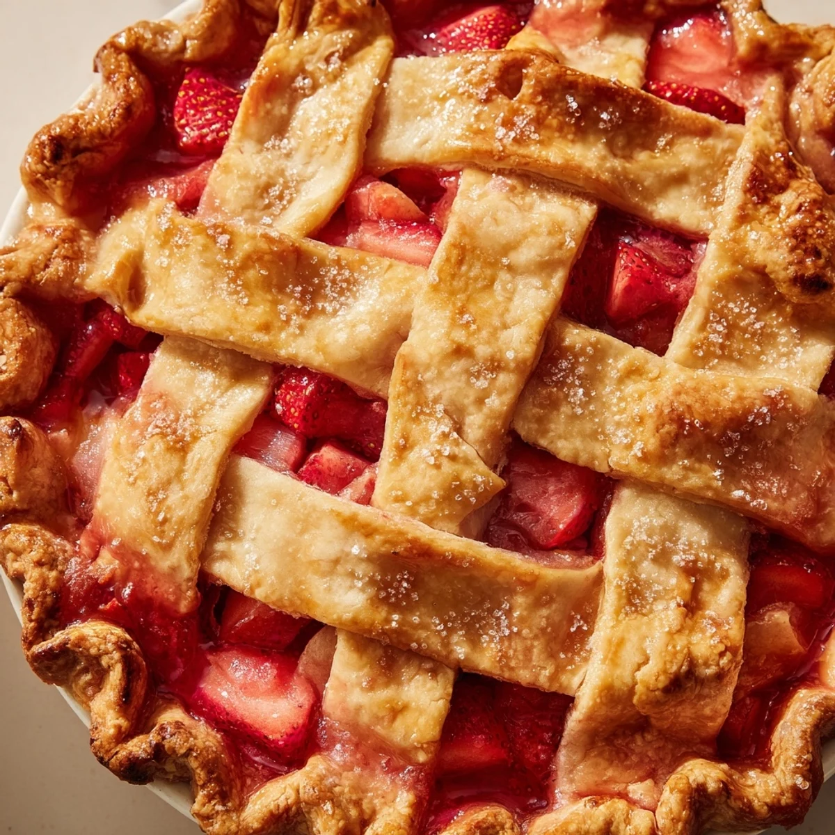 A close-up of homemade Strawberry Rhubarb Pie with Lattice Top, its golden crust glistening and filling bubbling in a rustic ceramic dish.