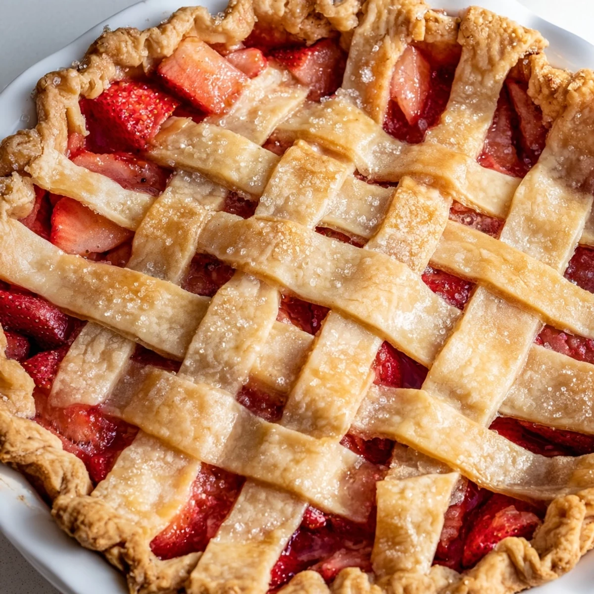 Serve warm Strawberry Rhubarb Pie with Lattice Top with a scoop of vanilla ice cream melting over the flaky, sugary top.
