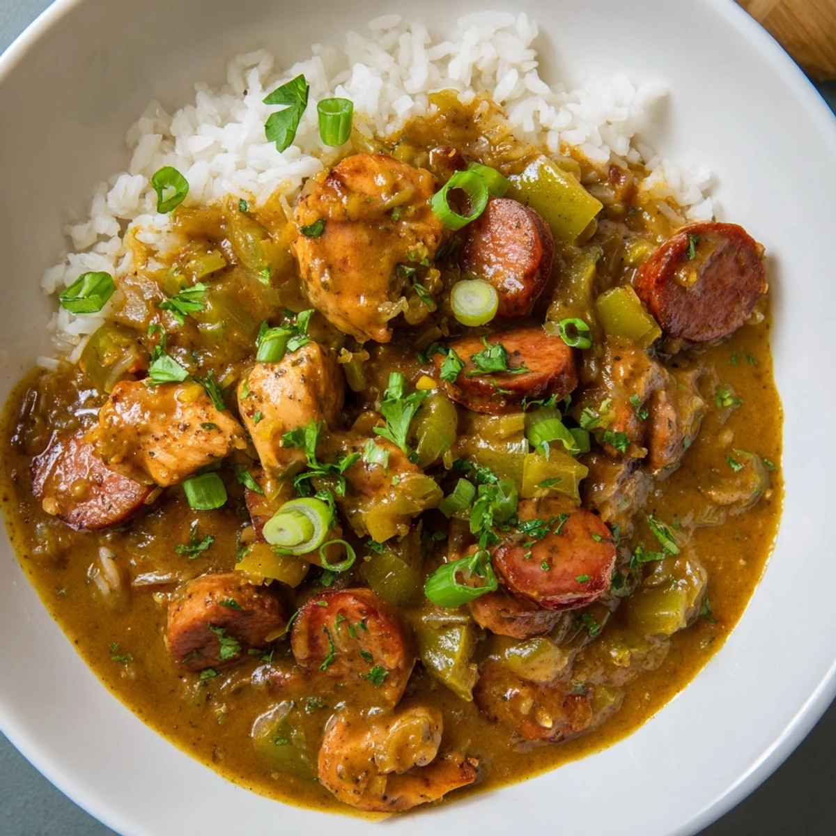 A close-up of Cajun Chicken and Beef Sausage Gumbo simmering in a pot, showcasing tender meat chunks and a dark, rich roux.