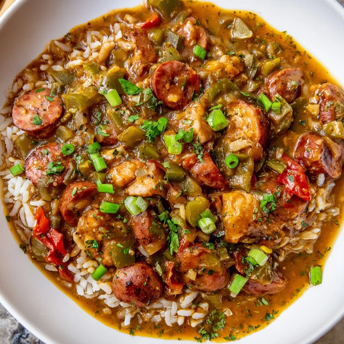 Overhead view of Cajun Chicken and Beef Sausage Gumbo served in a white bowl with steamed rice and fresh parsley garnish.
