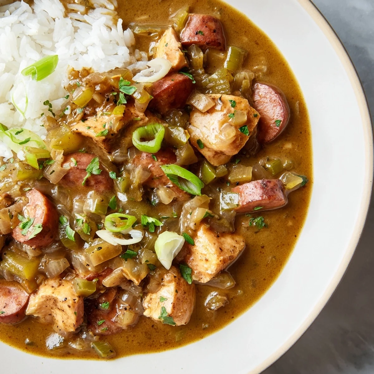 A rustic wooden table displays a pot of Cajun Chicken and Beef Sausage Gumbo next to a bottle of hot sauce.