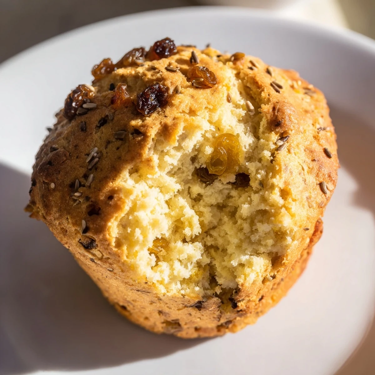Freshly baked Irish Soda Bread Muffins with Golden Raisins on a wooden board, with butter melting on top.