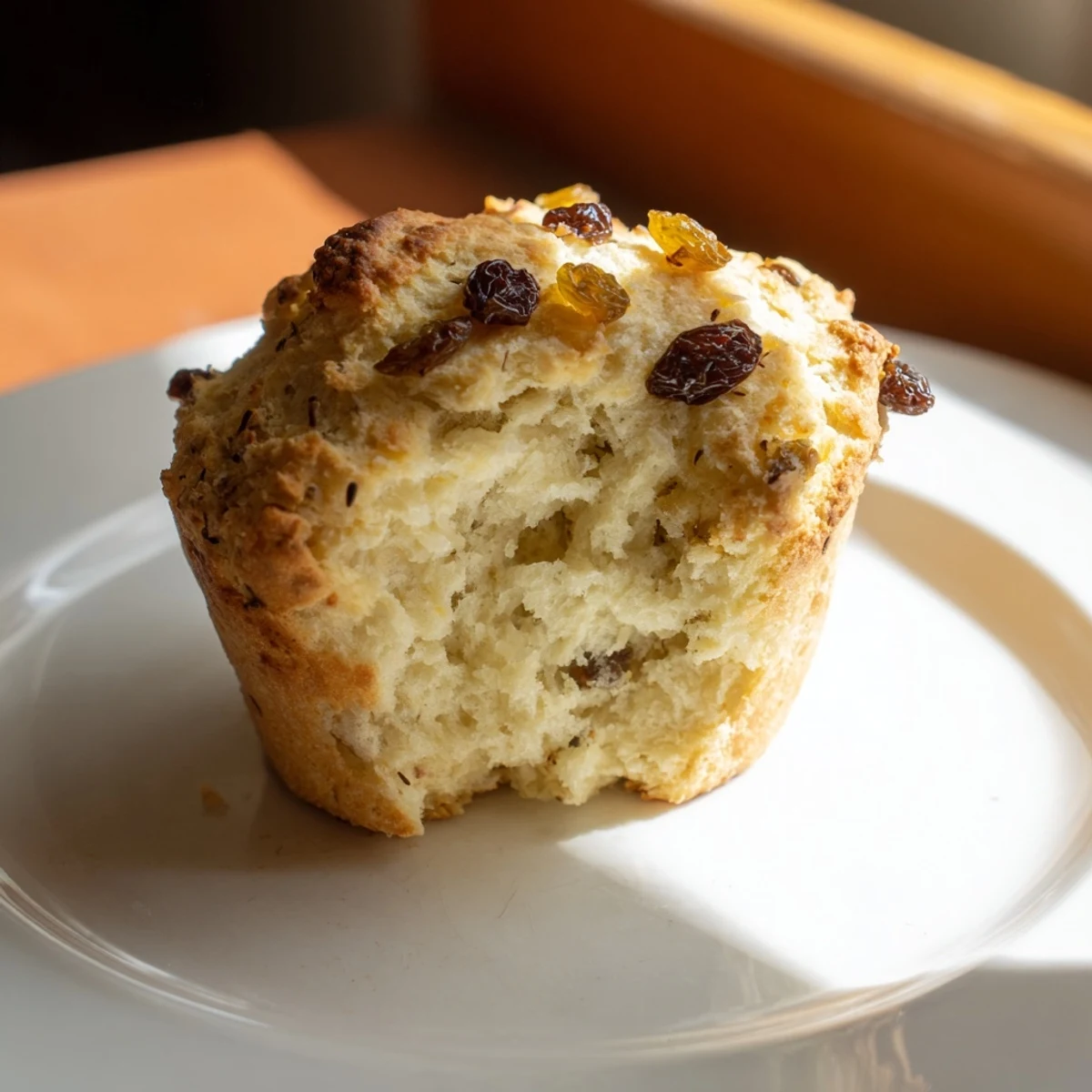 Warm Irish Soda Bread Muffins with Golden Raisins served on a plate alongside a cup of hot tea.