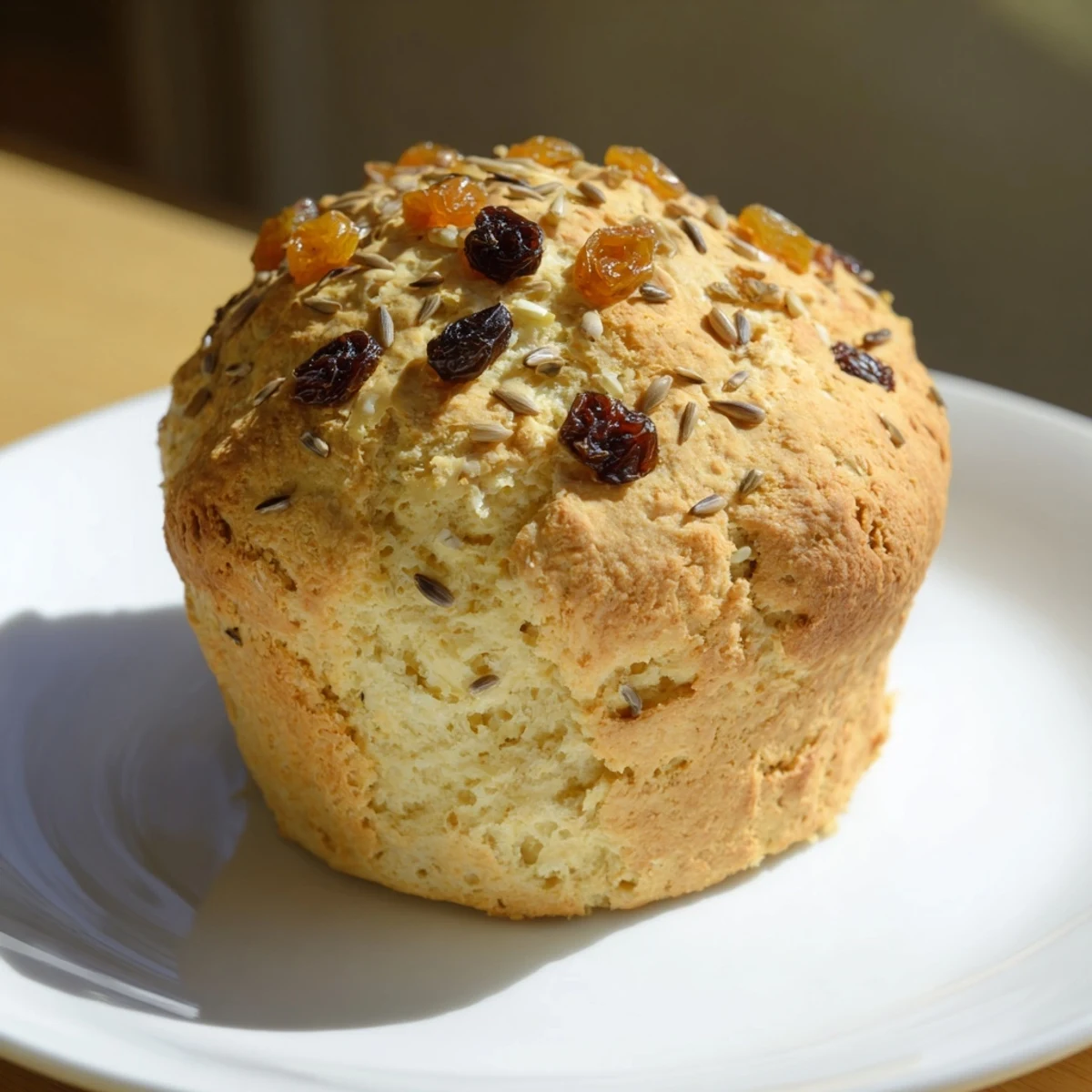 Golden brown Irish Soda Bread Muffins with Golden Raisins, close-up view showing a moist crumb texture.