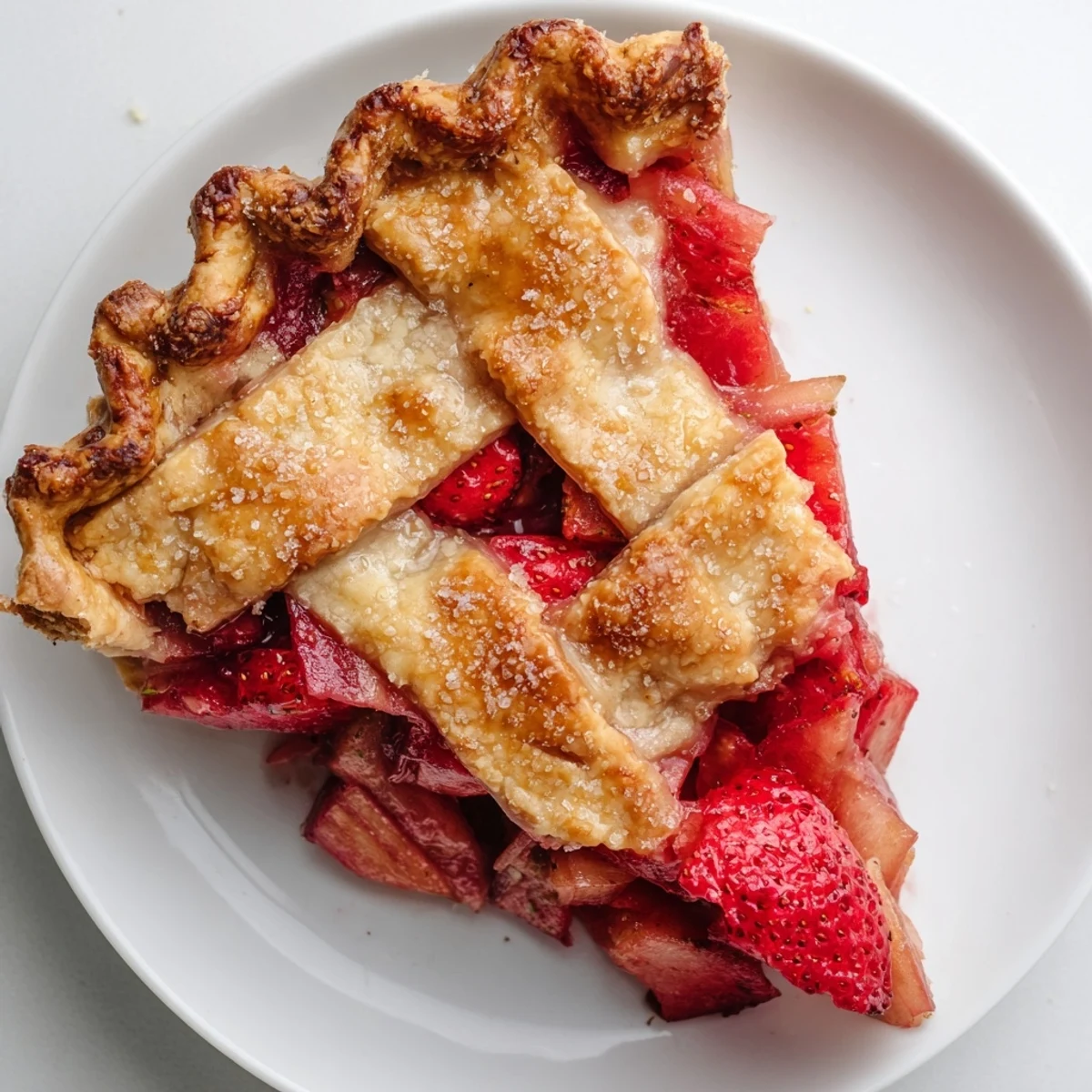 Freshly baked Strawberry Rhubarb Pie with a golden lattice crust sits beside a scoop of vanilla ice cream.