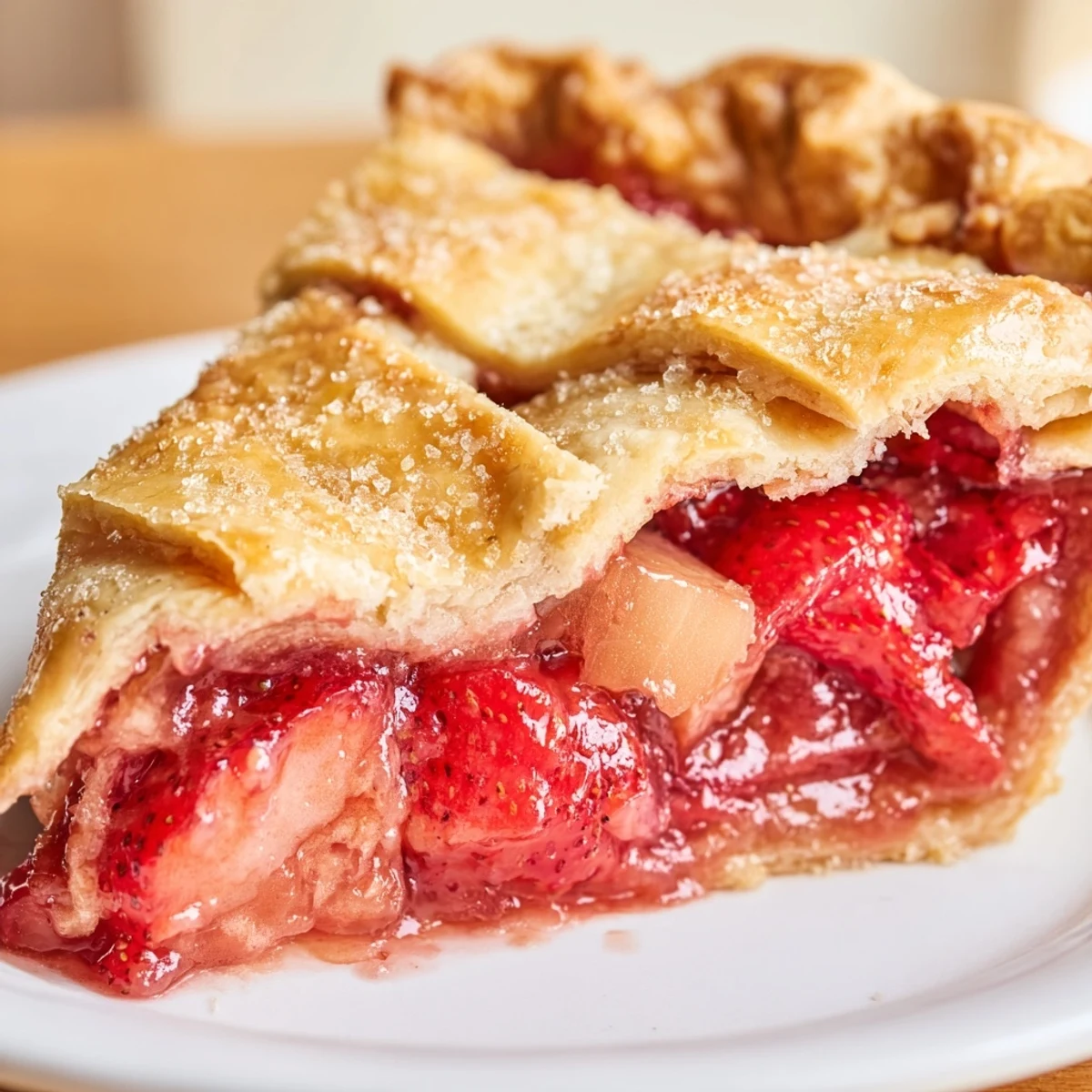 The golden lattice top of a Strawberry Rhubarb Pie showcases bubbling strawberry and rhubarb filling in a ceramic dish.