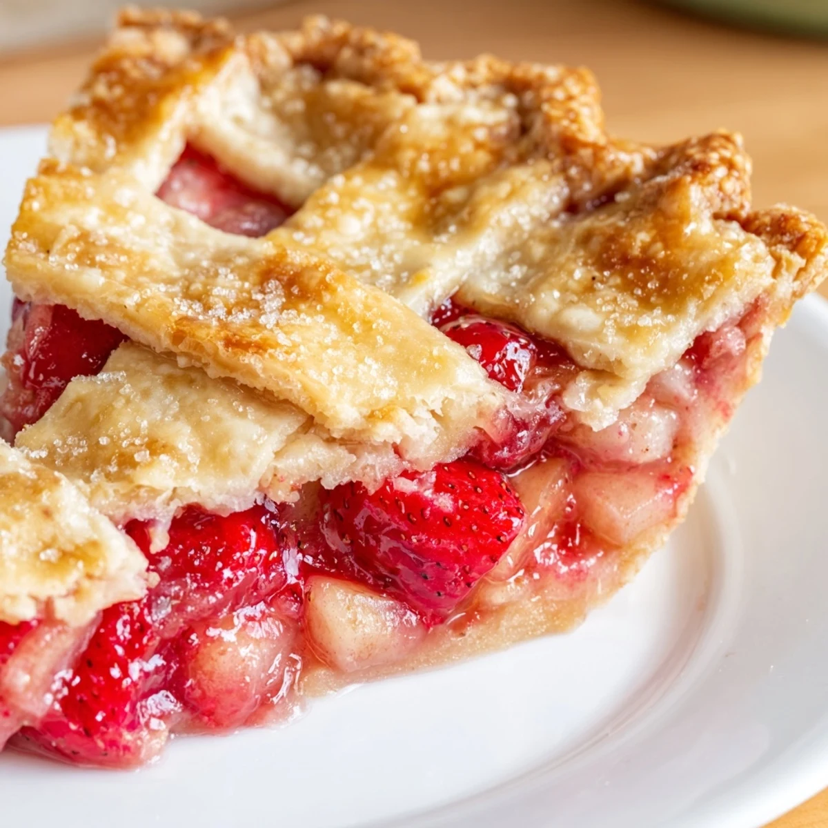 Slice of Strawberry Rhubarb Pie on a white plate, revealing juicy red filling and flaky buttery crust layers.