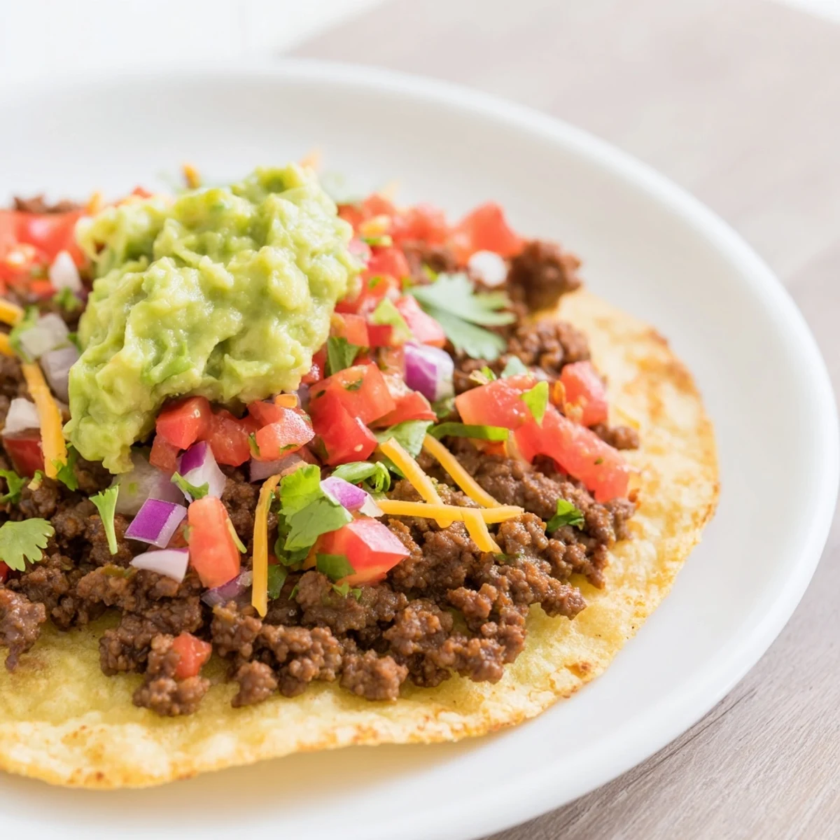 A close-up of Beef Tacos with Homemade Salsa and Guacamole, showing juicy seasoned beef and vibrant toppings on warm corn tortillas.