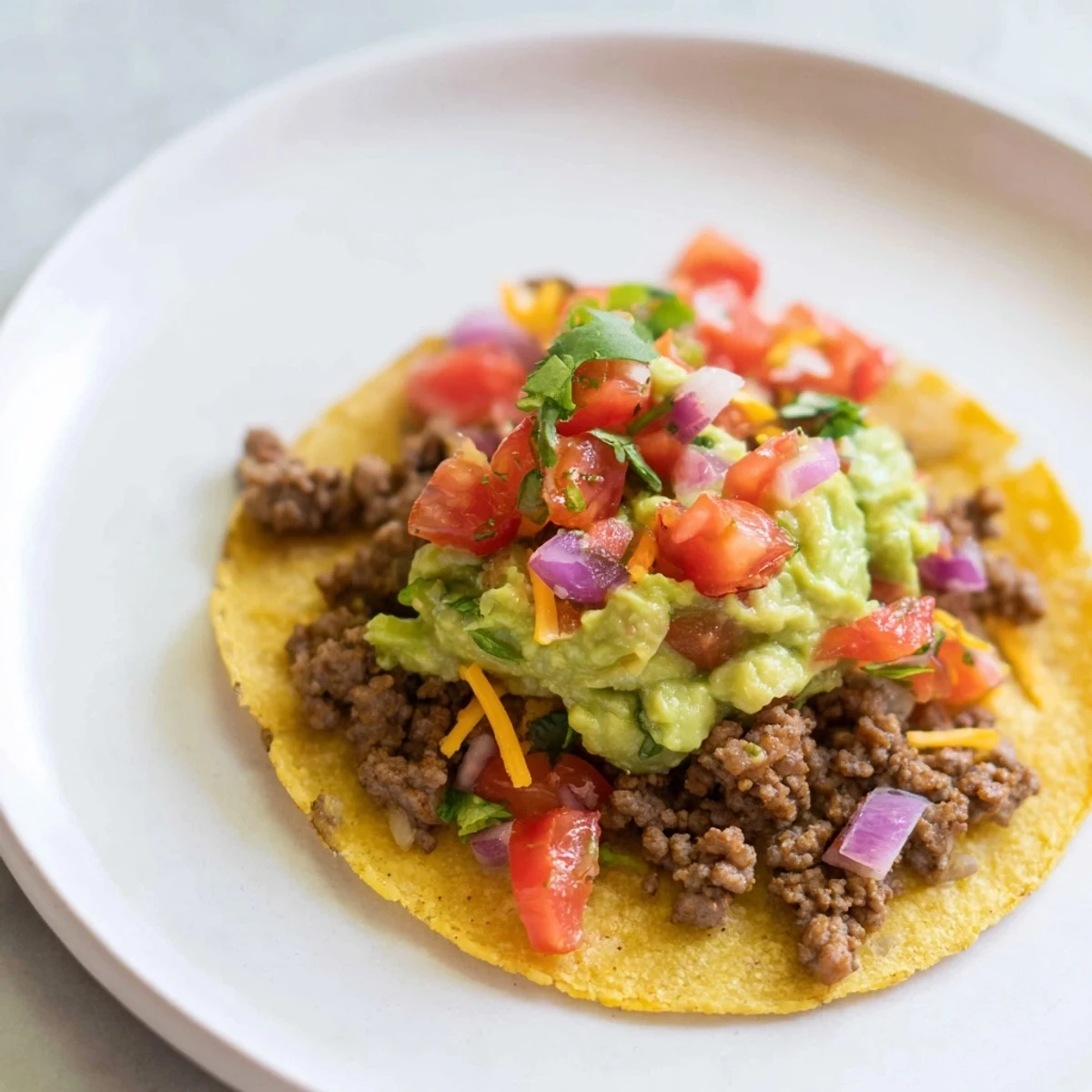 A vibrant serving suggestion for Beef Tacos with Homemade Salsa and Guacamole, garnished with fresh cilantro and lime wedges on a rustic plate.