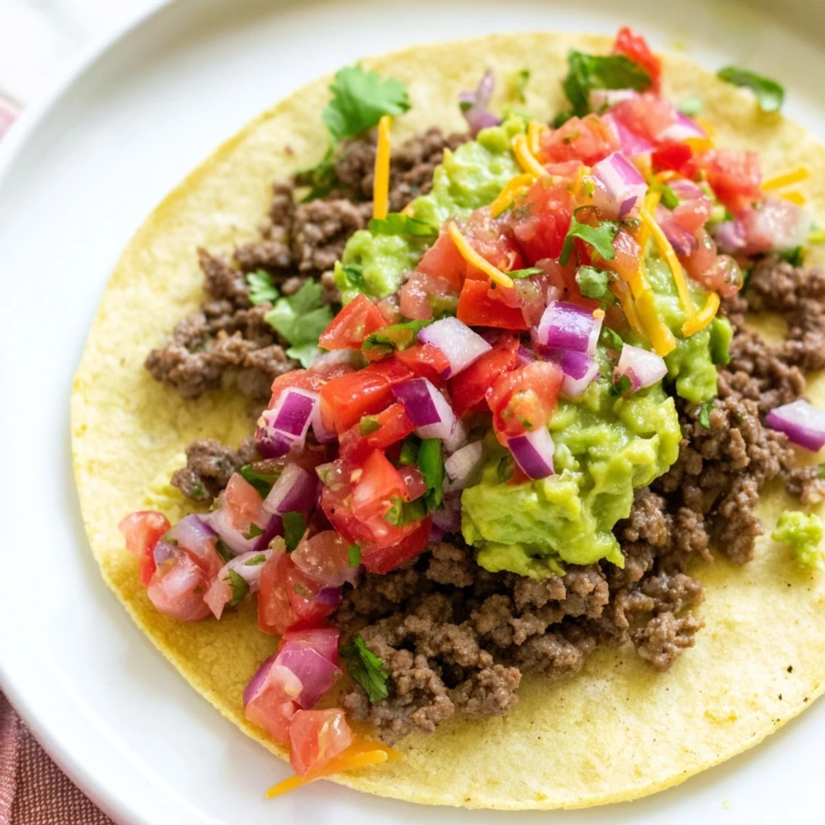 An overhead view of Beef Tacos with Homemade Salsa and Guacamole, highlighting the creamy guacamole and fresh pico de gallo on soft tortillas.