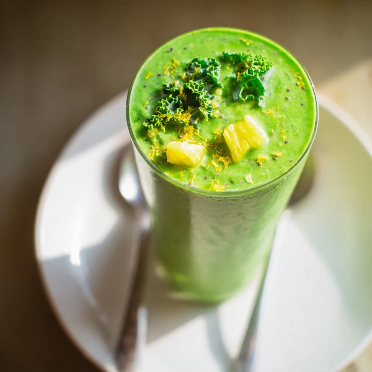 A glass of green smoothie with kale, pineapple, and ginger next to fresh ingredients.
