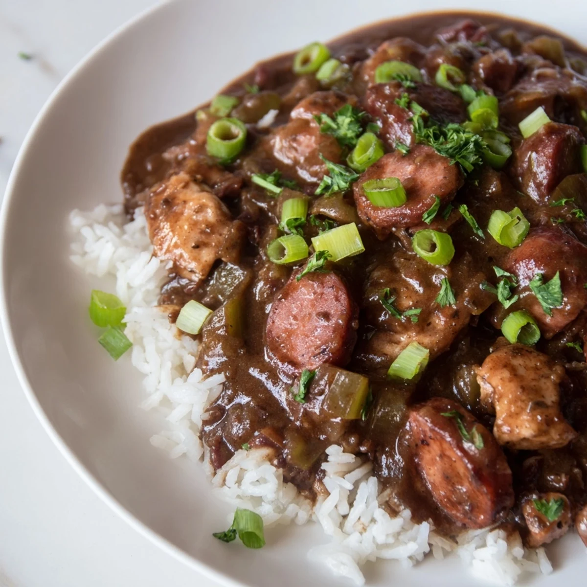 Steaming bowl of Cajun Chicken and Sausage Gumbo served over fluffy white rice with parsley garnish.